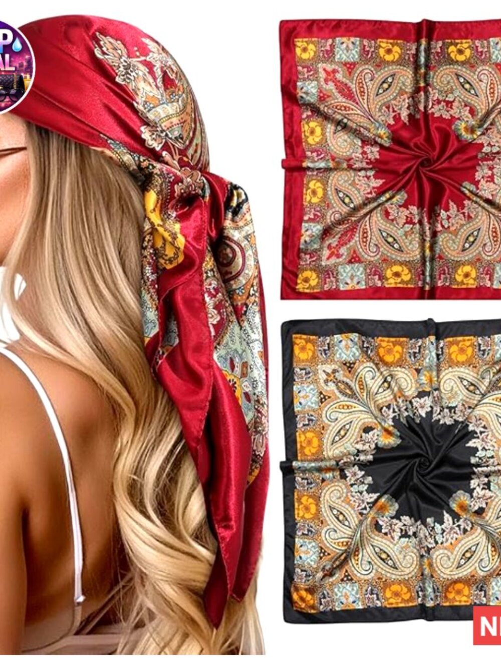 Satin Head Scarf 2Pcs Large Square Silk Like Hair Wrapping Neck Scarf